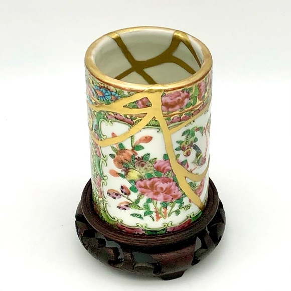 Kintsugi Brush Pot Chinese Famille Rose Cup Gold Crack Art Personal Growth Gift - Picture 4 of 17